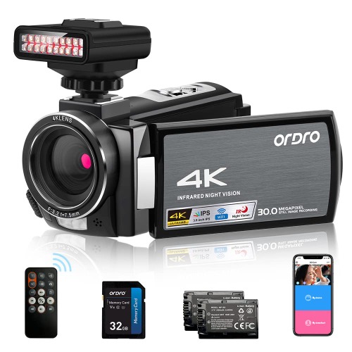 ORDRO 4K Video Camera 1080P 60FPS Camcorder AE8 IR Night Vision Camcorder Ghost Hunting Camera WiFi Video Camera with External IR Night Light, 32G SD Card, 2 Batteries