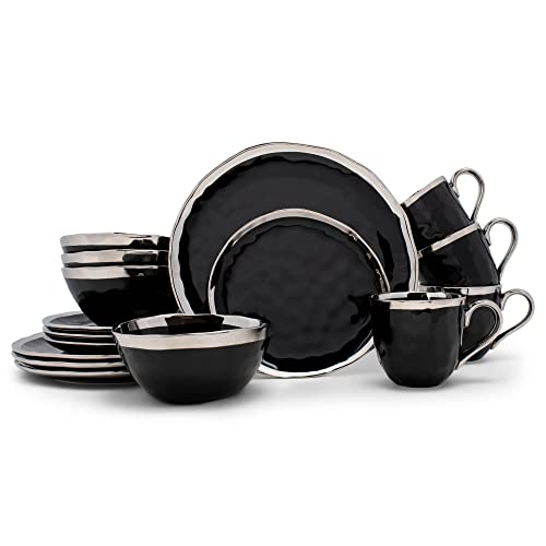 Elanze Designs 16-Piece Metallic Bubble Porcelain Ceramic Plates Bowls Mugs Dinnerware Set - Service for 4, Black With Silver Accents - Black