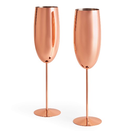 Beautify Rose Gold Champagne Flutes Set, 2 Copper Stainless Steel Prosecco Glasses, 250ml Shatterproof Champagne Tulip Glasses with Stylish Long Stem
