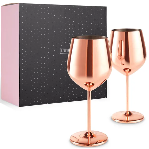 Beautify Copper Finish Wine Glasses, Set of 2 Stainless Steel Cocktail Glasses, Shatter Proof with Gift Box - Perfect Present for Men and Women (Rose Gold)