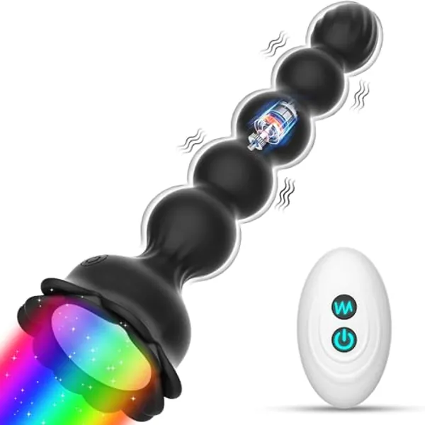 Vibrating Anal Beads Butt Plug - 10 Vibration Modes Graduated Design Anal Sex Toy with Flashing Light up Base Remote Control Vibrator for Men, Women and Couples - Blcak Anal Beads
