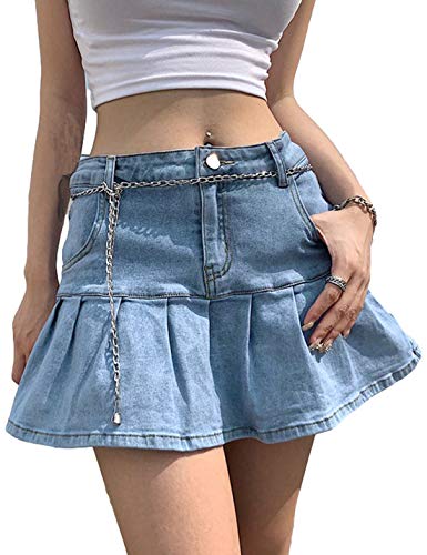 Yeokou Women's Casual Slim A-line Pleated Ruffle Short Mini Denim Skirts - X-Large - Lightblue