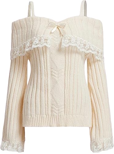 Women's Off Shoulder Lace Trim Sweater Y2k Kawaii Long Sleeve Ruffle Cable Knit Shirt Pullover Sweatshirt Sweaters Tops - X-Large - Elegant Apricot