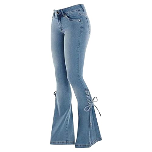 Women's Ripped Flare Bell Bottom Mid Waist Lace Up Hole Stretch Vintage Baggy Straight Denim Jeans Pants Trousers Streetwear - X-Large - Zx03-light Blue