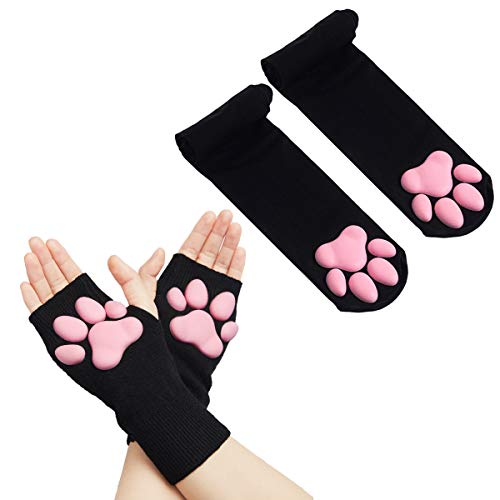 Cat Paw Thigh High Socks Golves, Cute Soft 3D Toe Beans Socks Mittens Kitten Claw Pad Socks for Girl Women Cosplay Set… - One Size - Black Socks and Short Gloves