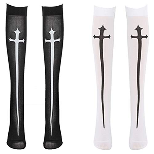 Amosfun 2 Pairs Halloween Knee High Stockings Cosplay Lolita Gothic Socks for Women Halloween Cosplay Party Decorations (White, Black)