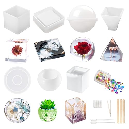 Resin Molds Silicone Kit 20Pcs,Epoxy Resin Molds Including Sphere,Cube,Pyramid,Square,Round, Used for Create Art,DIY,Ash Trays,Coasters,Candles.Bonus Decorative Sequins and The Complete Set Tools - White