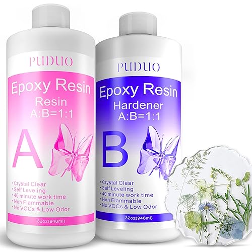 Epoxy Resin Clear Kit 64 OZ for Art, Jewelry Making, Crafts, Keychain - Including 32 OZ Resin and 32 OZ Hardener, Fast Curing 2 Part AB Epoxy Casting Resin by Puduo - 64 OZ