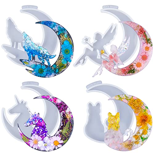 LET'S RESIN Resin Molds, Crescents Moon Molds, Epoxy Molds, Silicone Molds for Epoxy Resin, Wolf with Moon, Cat with Moon, Unicorn with Moon