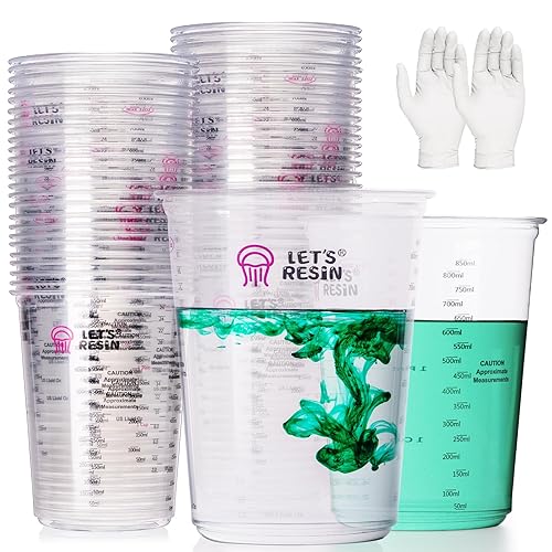 LET'S RESIN Resin Mixing Cups, 45pcs 32oz(1000ml) 2 Scales Accurate Paint Mixing Cup with Protective Gloves, Sturdy & Thick Disposable Measuring Cups for Paint, Pigments, Art, Auto Resin Mixer - 1000ML