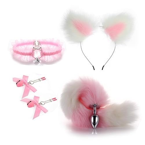 Butt Plug Tail Plug, Cute Fox Tail Plug Tail with Small Butt Plug Nipple Clamp Cat Ears Headband Metal Anal Sex Toys for Women Man Beginners Butt Trainer Set Adult Couples - B