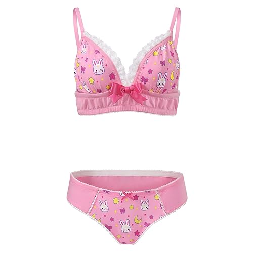 Littleforbig Lacy Trim Women Nightwear Strap Sleepwear Cami Top Shorts Lingerie loungewear - Usagi Moon Fancy Bralette Set - Large - Pink