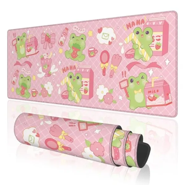 TOXXU Kawaii Frog Large Gaming Mouse Pad for Girl with Anti-Slip Base, Cute Cartoon Strawberry Frog Extended XL Mousepad, Desk Mat with Stitched Edges for Desk, 31.5 x 11.8 in, Pink