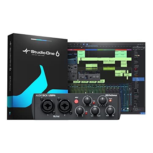 PreSonus AudioBox USB 96 - 25th Anniversary Edition, 2-In/2-Out audio interface with software bundle incl. Studio One Artist, Ableton Live Lite DAW and more for recording, streaming and podcasting - Black - Audio Interface - Single