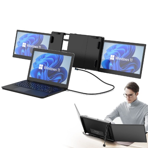 Kwumsy トリプル ポータブルモニター ノートパソコン専用 1080P Windows OS専用 12インチ デュアルスピーカー内蔵 IPS ディスプレイ ノートパソコンサイズ13.3''-16.5''に対応 207°回転可能 多機能Type-Cインターフェース必要 ドライブ不要 プラグアンドプレイ モバイルディスプレイ モバイルモニター デュアルモニター エクステンダー 多機能Type-Cケーブル*2付 収納バッグ(レザー)付 日本語説明書