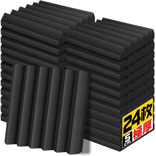 YOPIN 吸音材 30*30*5cm 極厚 ウレタンフォーム 吸音対策 室内装飾 楽器 消音 騒音 防音 吸音パネル 両面テープ付き (2.16㎡（24枚）, 黒(ウェッジ形)) - 2.16㎡（24枚） - 黒(ウェッジ形)