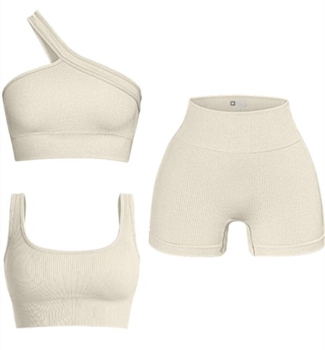 OQQ Women's 3 Piece Outfits Ribbed Seamless Exercise Scoop Neck Sports Bra One Shoulder Tops High Waist Shorts Active Set - Beige Small