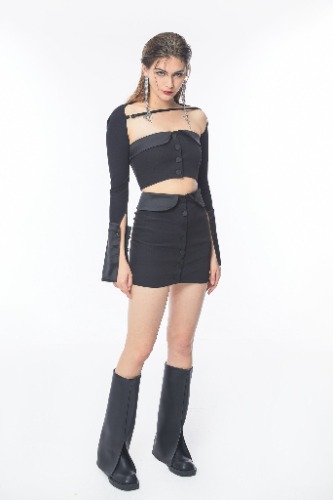 itsy spaghetti-detail crop top & skirt matching set | S / Black