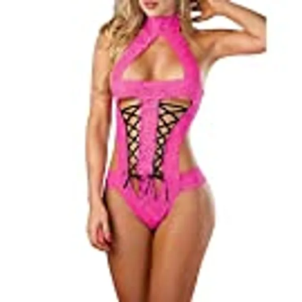 Sexy Lace Bodysuit Lingerie for Women Sex, One-Piece Mini Teddy Babydoll Hollow Sleepwear Halter Jumpsuit