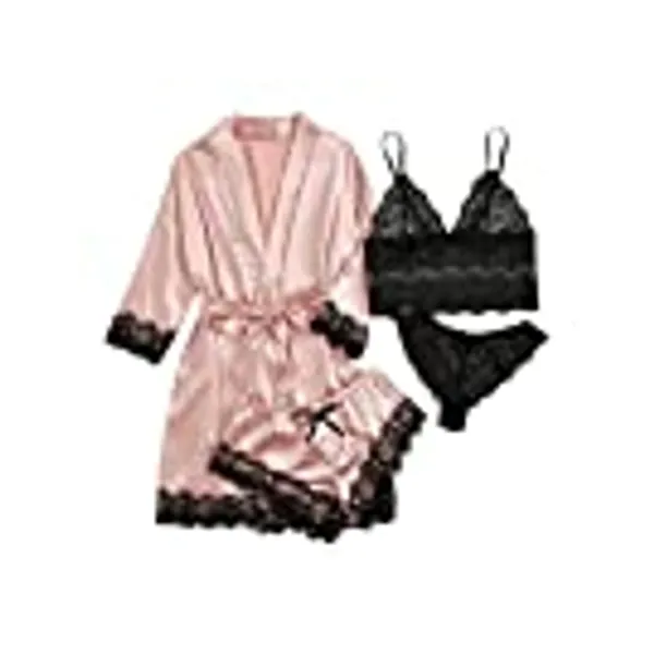 WDIRARA Women' Silk Satin Pajamas Set 4pcs Lingerie Floral Lace Cami Sleepwear with Robe
