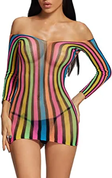 Winllyat Sexy Lingerie for Women Halter Garter Dress with Attached Stockings Babydoll Bodysuit Chemise Nightwear