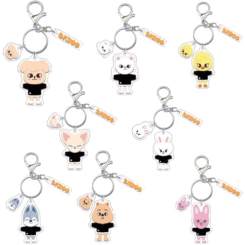 Stray Kids Schlüsselanhänger, Skzoo Schlüsselanhänger, 8Pcs Stray Kids Geschenke Schlüsselanhänger, PQKL-party Stray Kids Skzoo Acryl Anime Anhänger Keychain, Rucksäcken Deko fur Mädchen Fans Kinder