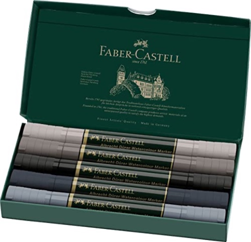 Faber-Castell 160306 - Aquarellmarker Albrecht Dürer mit Doppelspitze für flächigen und präzisen Farbauftrag, 5er Etui, Grautöne, grau