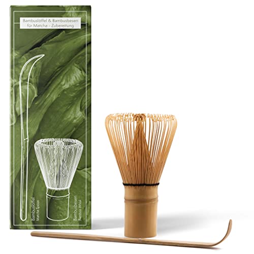 Matcha Besen und Löffel Set - handgefertigter Bambusbesen (Chasen) mit Löffel (Chashaku) für die traditionelle Zubereitung von Matcha Tee - Besen + Löffel