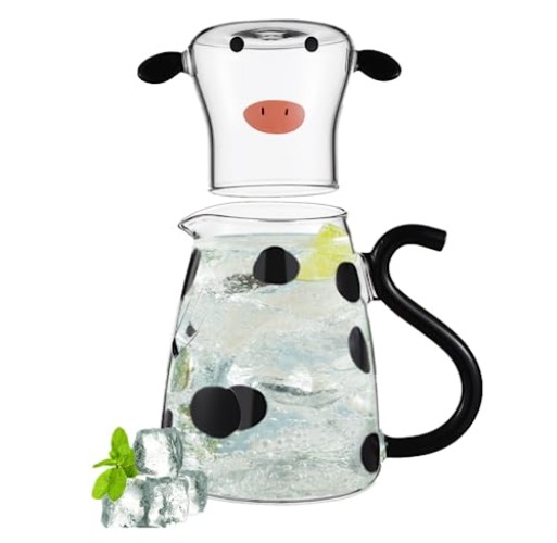 Tomaibaby Bedside Water Carafe Set with Tumbler Glass, 550ML(19Oz) Cow Glass Pitcher Cute Animal Beverage Jug with Lids Hot and Cold Water Drinking Jug for Iced Tea, Juice, Milk, Coffee, Wine