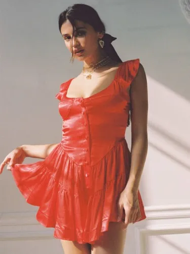 The Elisabeth Romper Dress - Ruby Satin | Red / Rayon / M