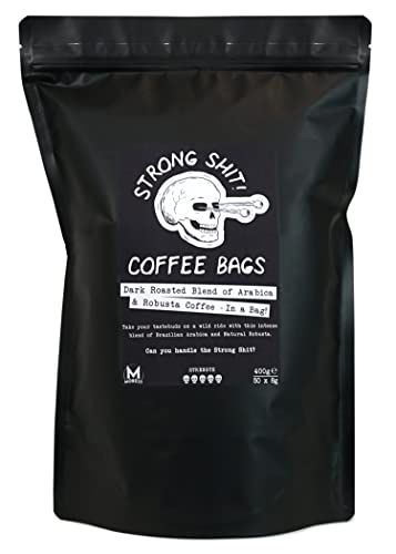 Moreish Coffee Roasters Strong Shit! Coffee Bags - Dark Roasted Blend of Arabica and Robusta (50 Coffee Bags) - Strong and powerful Dark Roasted coffee - 400 g (Pack of 1)
