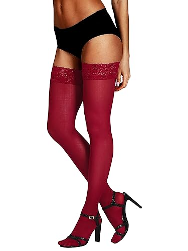 HONENNA Semi Sheer Stay Up Lingerie Thigh High Stockings Lace Top Size A-F - C-D - Burgundy