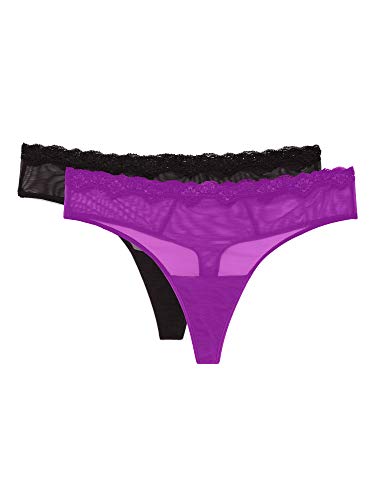 Smart & Sexy Women's Lace Trim & Mesh Panty 2 Packs Sexy Thongs & Cheeky Bikinis - Standard - 5 - Fierce Violet/Black Hue Thong
