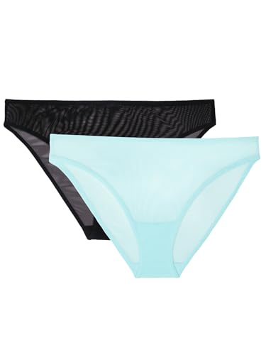 Smart & Sexy Women's Mesh & Lace Cheeky Brief Panties, Available in Multi Packs - Small - Aqua Marine/Black Hue