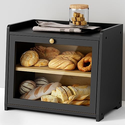 Goozii Black Bread Box for Kitchen Countertop, Large Bread Storage Container for Homemade Bread, Wood Farmhouse Breadbox Organizer for Kitchen Counter Corner, Cabinet, Pantry, Cupboard (Black) - Black