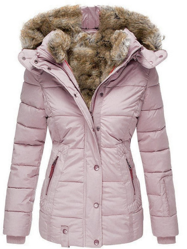 Women's Winter Parka Fleece Lined Puffer Jacket with Hood Pink Zipper Warm Coat with Pocket Active Comfortable Street Style Outerwear Long Sleeve 2023