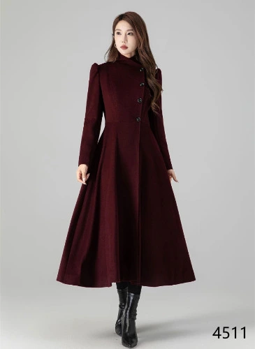 Vintage Inspired Wool Coat, Burgundy Long Wool Coat, Swing Princess Coat, Single Breasted Coat for Women, Custom Winter Coat, Xiaolizi 4511 