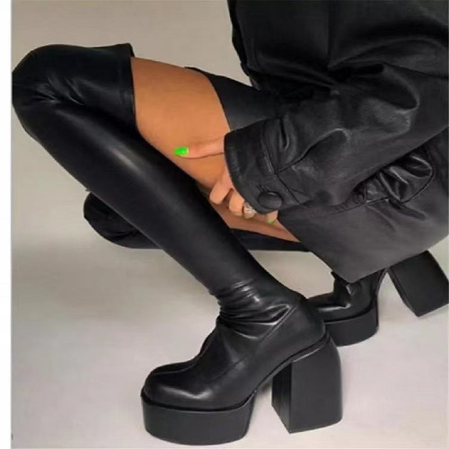 Black Leather Chunky Heeled Ankle Boots Under The Knee Boots and Over the Knee Boots | High top boots / US Women Size 9.5  Length: 26.5 cm
