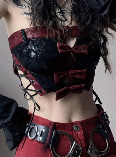 Red and Black Distressed Leather tube Top and Skirt | Top / M