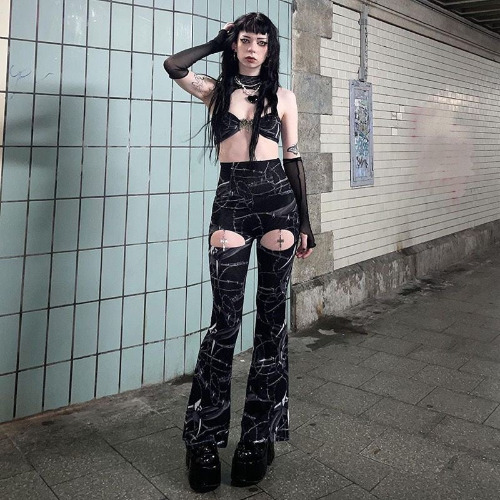 Goth Barbed Wire Printing Mesh See-through Cut-out Pants | M