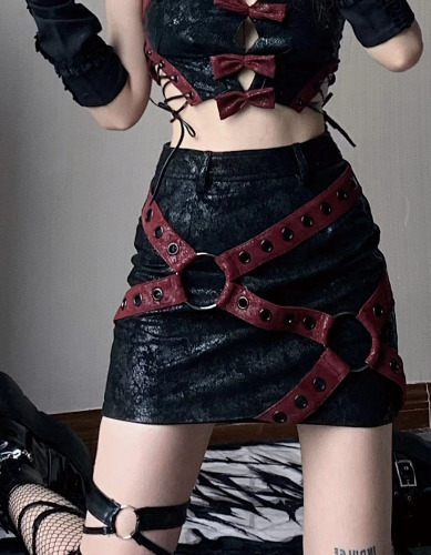 Red and Black Distressed Leather tube Top and Skirt | Skirt / M