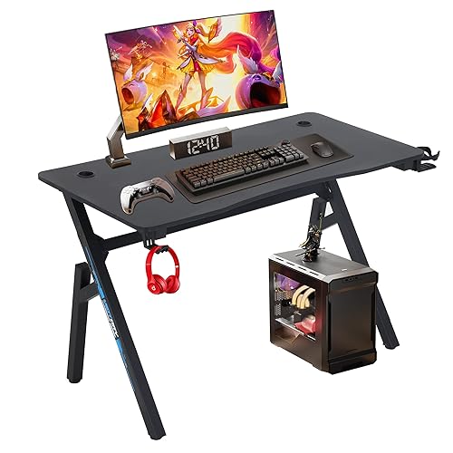 BestOffice Gaming Desk Computer Desk 47"x 23" Home Office Desk Extra Large Modern Ergonomic Black PC Carbon Fiber Table Gamer Workstation with Cup Holder Headphone Hook,Blue - Blue