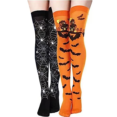 iLure Halloween Women's Thigh High Stockings Black and Pumpkin Spider Web Bat Thigh High Long Stockings Over Knee Socks Women Halloween Cosplay Costume Party Tights Accessory 2 Pairs