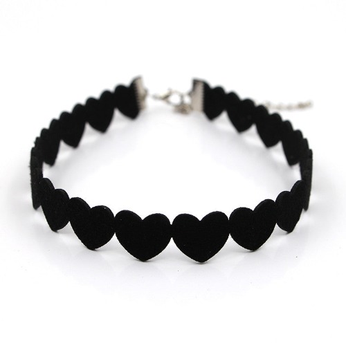 Heart Shaped Goth Black Velvet Choker Necklace - black