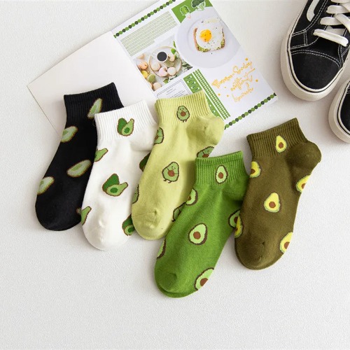 5 Pairs of Avocado Green Cute Kawaii Socks - 5 Different Pairs / Size Suit For 35-39