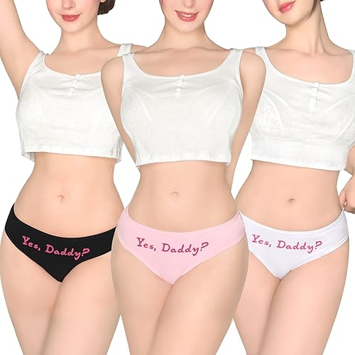 Littleforbig Women's Ladies Soft Cotton Underwear Comfortable Hipster Briefs 3 Thong Panties Pack - Yes Daddy - X-Large - Multicolor