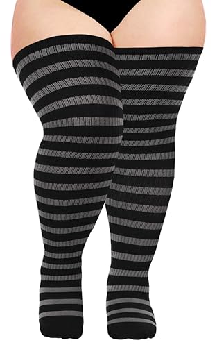 Moon Wood Plus Size Thigh High Socks for Women Knit Cotton Extra Long Halloween Over the Knee High Socks Leg Warmers - One Size Plus - Black & Grey