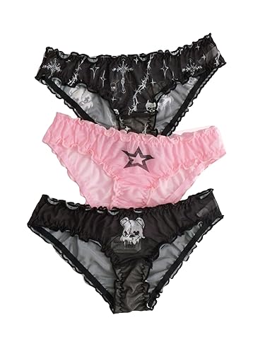 SHENHE Women's 3 Piece Sets Mesh Goth Panties Lettuce Trim Low Rise Cute Underwear - X-Large - Black and Pink