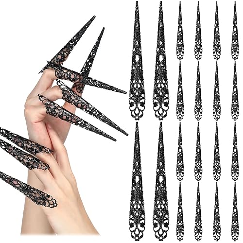 Leelosp 20 Packs Halloween Finger Nail Claw Rings Ancient Queen Fingernail Metal Finger Knuckle Claw for Halloween Women Cosplay Costume Drama Dance Show(Black) - Black
