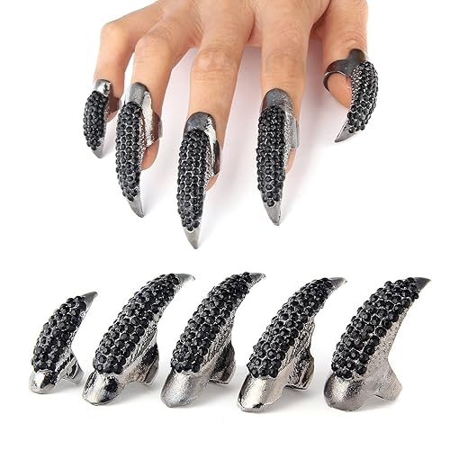 10 Pcs Halloween Costume Claws Fake Nails Ring Set, Bestga Gothic Punk 3 Sizes Crystal Full Finger Rings Paved Paw Bend Fingertip Fingernail Claw Girls Women Men Ring False Easy Long Nails (Black) - Black